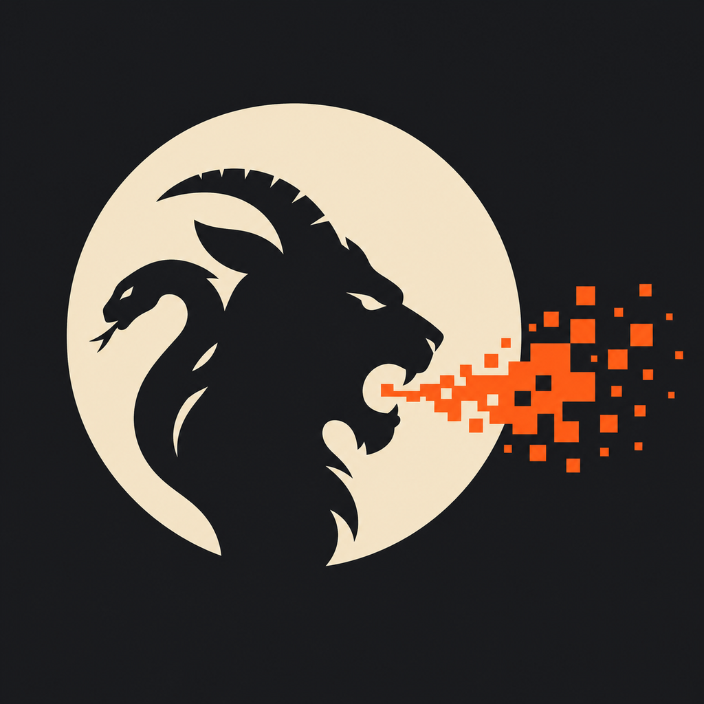 The Bestia — chimera of lion, goat and snake breathing pixel fire